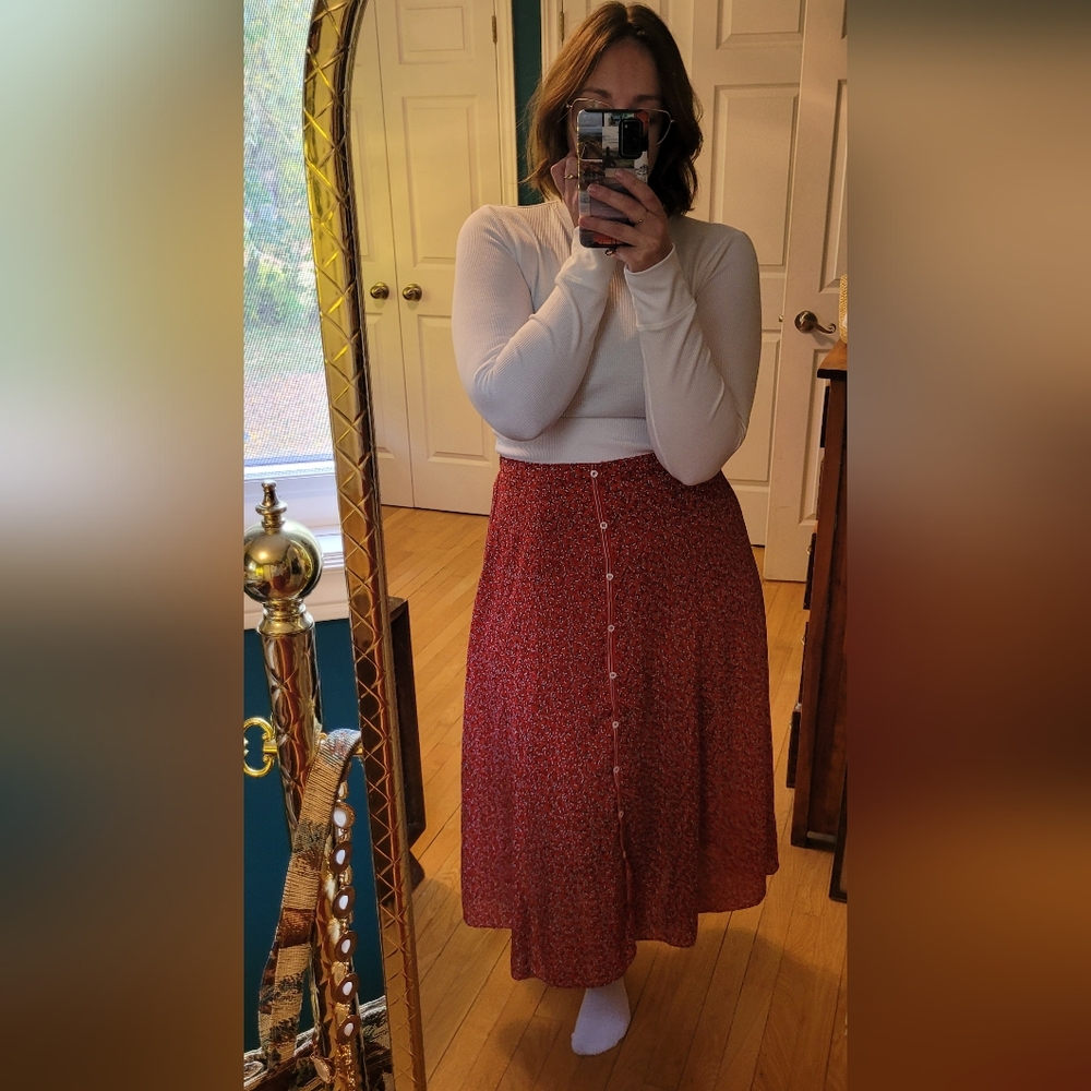 Red Button-Down Midi Skirt